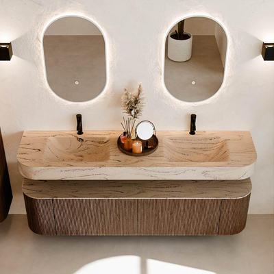 MONDIAZ THOR-DLUX 180cm badmeubel ronding links + rechts kleur Walnut met 2 lades en 2 deuren. Vrijhangende wastafel CLOUD Dubbel 2 kraangaten kleur Arena.