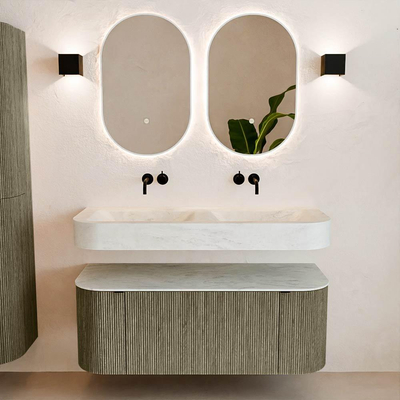 MONDIAZ THOR-DLUX 120cm meuble de salle de bains arrondi gauche + droite couleur Shadow avec 1 tiroir et 2 portes. Vasque suspendue CLOUD Double sans trou de robinet couleur Opalo.