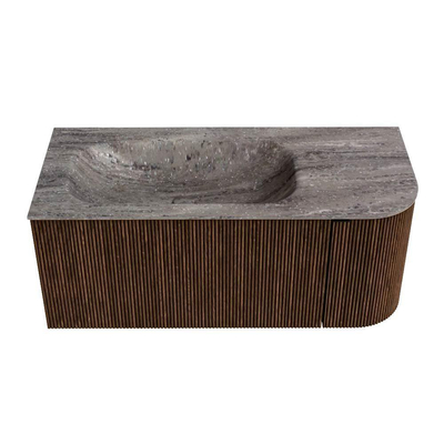 MONDIAZ KURVE-DLUX Meuble de salle de bains 105cm arrondi à droite couleur Walnut avec 1 tiroir et 1 porte. Lavabo BIG SMALL gauche 1 trou de robinet Oza.