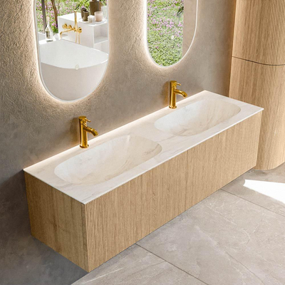 MONDIAZ KURVE-DLUX 150cm Meuble salle de bain - couleur Oak - 2 tiroirs - vasque STOR SMALL double - 2 trous de robinet - couleur Ostra