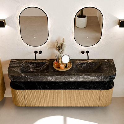 MONDIAZ THOR-DLUX 180cm badmeubel ronding links + rechts kleur Oak met 2 lades en 2 deuren. Vrijhangende wastafel CLOUD Dubbel zonder kraangat kleur Lava.