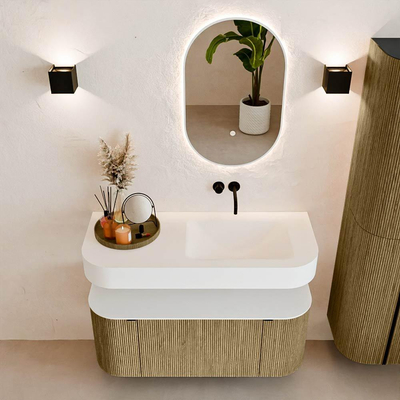 MONDIAZ THOR Meuble de salle de bains - 110cm - arrondi gauche + droite - couleur Dusk - 1 tiroir - 2 portes - Vasque suspendue CLOUD droite sans trou de robinet - couleur Talc