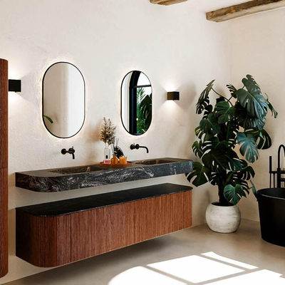 MONDIAZ THOR-DLUX Meuble de salle de bains 190cm arrondi gauche + droite couleur Ruby avec 2 tiroirs et 2 portes. Vasque suspendue CLOUD Double sans trou de robinet couleur Lava.