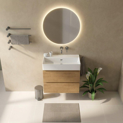 Saniclass Holz Pure Ensemble de meuble de salle de bains - 80x45x72cm - lavabo Legend en céramique blanc - 1 vasque - sans trou de robinetterie - 2 tiroirs - chêne natural mat (bois)
