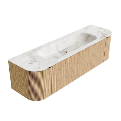 MONDIAZ KURVE-DLUX meuble de salle de bains 160 cm avec module 25 Len R couleur chêne avec 1 tiroir et 2 portes. Lavabo BIG MEDIUM central 1 trou de robinet couleur Frappe.