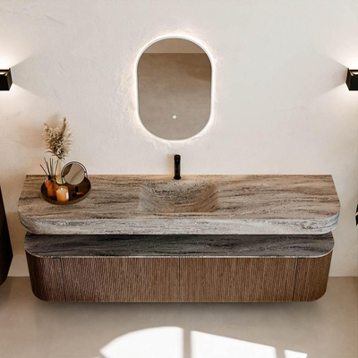 MONDIAZ THOR-DLUX 200cm meuble de salle de bains arrondi gauche + droite couleur Walnut avec 2 tiroirs et 2 portes. Vasque suspendue CLOUD Milieu 1 trou de robinet couleur Oza.