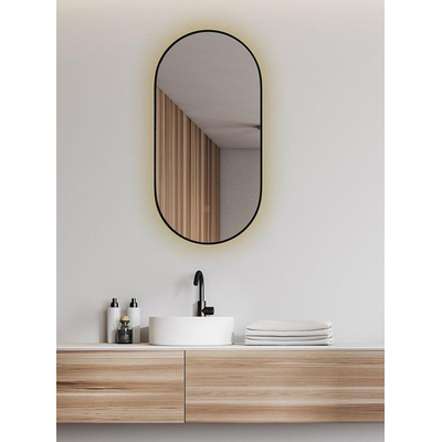 Wiesbaden Nomi Spiegel - met lijst ovaal - met LED dimbaar en spiegelverwarming - 50x100cm - mat zwart