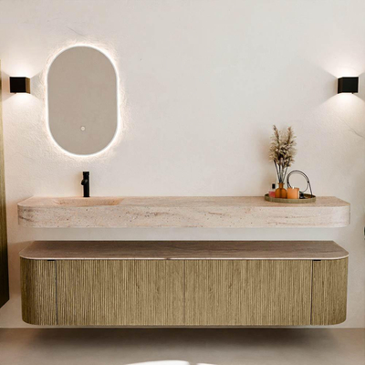 MONDIAZ THOR-DLUX 200cm meuble de salle de bains arrondi gauche + droite couleur Dusk avec 2 tiroirs et 2 portes. Vasque suspendue CLOUD gauche 1 trou de robinet couleur Saba.