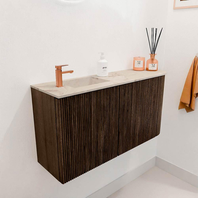 Mondiaz JOYA-DLUX 81.6cm toiletmeubel - ronding rechts kleur Walnut - Wastafel FAYE positie Links 1 kraangat kleur Frappe.