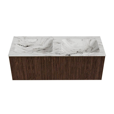MONDIAZ KURVE-DLUX Meuble de salle de bains 120 cm couleur Walnut avec 1 tiroir. Lavabo LEAF double sans trou de robinet couleur Glace.