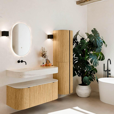 MONDIAZ THOR-DLUX Meuble de salle de bains 110cm arrondi gauche + droite couleur Oak avec 1 tiroir et 2 portes. Vasque suspendue CLOUD Gauche sans trou de robinet couleur Meli.