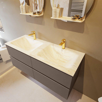 Mondiaz VICA-DLUX ensemble de meuble de salle de bain - 120cm - meuble sous-vasque fumée - 4 tiroirs - lavabo encastré nuage double - 2 trous de robinet - version haute 60cm - ostra