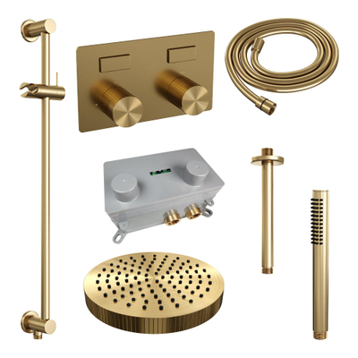 BRAUER Stripe Douche de pluie thermostatique encastrée - boutons-poussoirs - SET 33 - pomme de douche 25cm - bras plafond - douchette à main - flexible de douche - barre coulissante intégrée - PVD doré brossé