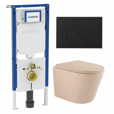 QeramiQ Dely Toiletset - 36.3x51.7cm - diepspoel - rimless - Geberit UP720 inbouwreservoir - softclose toilet zitting - 35mm - metaal mat zwarte bedieningsplaat - ronde knoppen - mat beige