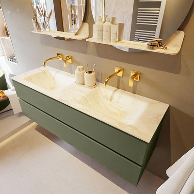 Mondiaz VICA-DLUX ensemble de meuble de salle de bain - 150cm - meuble sous-vasque armée - 2 tiroirs - lavabo encastré nuage double - sans trous de robinet - version haute de 60cm - ostra