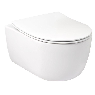 Plieger kansas WC suspendu avec cuvette compacte sans rebord 36x49cm comprenant un siège de toilette mince à fermeture souple et un dispositif de levage blanc brillant.