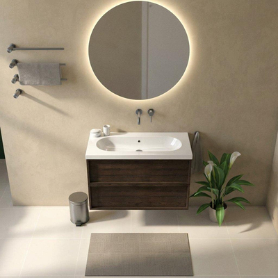 Saniclass Holz Frame Ensemble de meubles de salle de bains - 100x45x63.5cm - lavabo en céramique Palermo blanc - 1 vasque - sans trou de robinetterie - 2 tiroirs - chêne charcoal mat (bois)