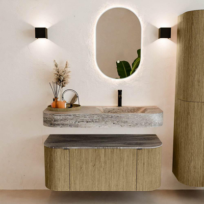 MONDIAZ THOR-DLUX 110cm meuble de salle de bains arrondi gauche + droite couleur Dusk avec 1 tiroir et 2 portes. Vasque suspendue CLOUD Droite 1 trou de robinet couleur Oza.