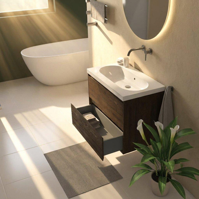 Saniclass Holz Pure Ensemble de meubles de salle de bains - 80x45x63.5cm - lavabo Palermo en céramique blanc - 1 vasque - sans trou de robinetterie - 2 tiroirs - chêne charcoal mat (bois)