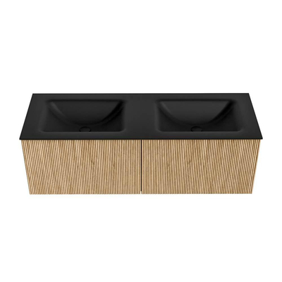 MONDIAZ KURVE 130cm Meuble salle de bain - couleur Oak - 2 tiroirs - vasque CLOUD double - sans trous de robinet - Urban