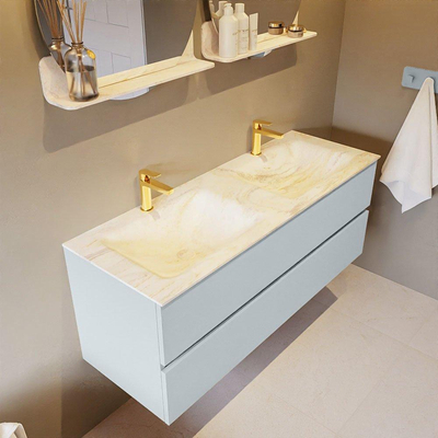 Mondiaz VICA-DLUX Ensemble de meuble de salle de bain - 130cm - meuble sous-vasque argile - 2 tiroirs - lavabo encastré nuage double - 2 trous de robinet - version haute de 60cm - ostra