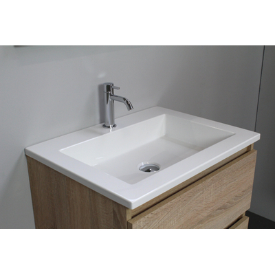 Basic Bella Meuble salle de bains avec lavabo acrylique Blanc 60x55x46cm 1 trou de robinet avec miroir et éclairage Chêne