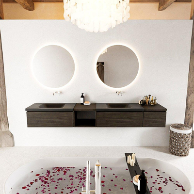 MONDIAZ BUKLA 240cm ensemble de meuble avec module ouvert 40 gauche couleur Marron Foncé avec 3 tiroirs. Lavabo CLOUD double 0 trou de robinet couleur Urban.