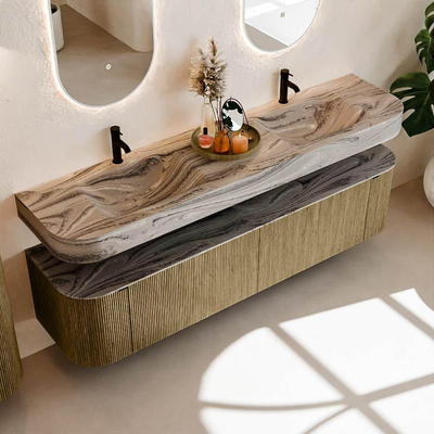 MONDIAZ THOR-DLUX Meuble de salle de bains 190cm arrondi gauche + droite couleur Dusk avec 2 tiroirs et 2 portes. Vasque suspendue CLOUD Double 2 trous de robinet couleur Sombra.