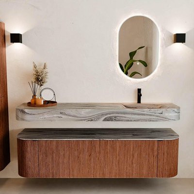 MONDIAZ THOR-DLUX 170cm meuble de salle de bains arrondi gauche + droite couleur Ruby avec 1 tiroir et 2 portes. Vasque suspendue CLOUD Droite 1 trou de robinet couleur Sombra.