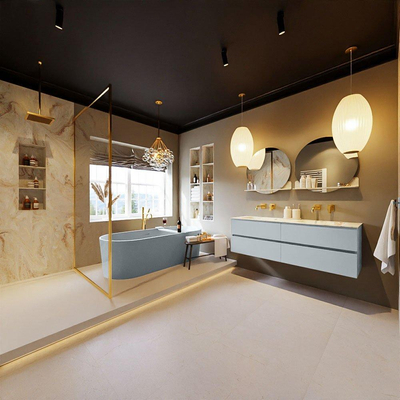 MONDIAZ VICA-DLUX Ensemble meuble de salle de bains - 150cm - sous-meuble clay - 4 tiroirs - lavabo encastré cloud double - sans trous de robinet - version haute 60cm - frape