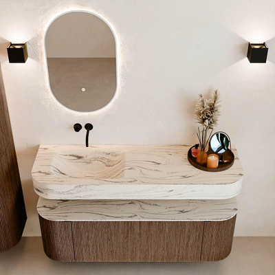 MONDIAZ THOR-DLUX 140cm badmeubel ronding links + rechts kleur Walnut met 1 lade en 2 deuren. Vrijhangende wastafel CLOUD Links zonder kraangat kleur Nata.