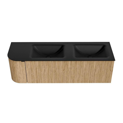 MONDIAZ KURVE Meuble de salle de bains 145 cm avec module 25 L couleur Chêne avec 1 tiroir et 1 porte. Lavabo CLOUD double / à droite 2 trous de robinet Urban.