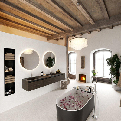 MONDIAZ BUKLA 200cm ensemble de meuble avec module 40 gauche couleur Marron Foncé avec 4 tiroirs. Lavabo CLOUD double 2 trous de robinet couleur Urban.