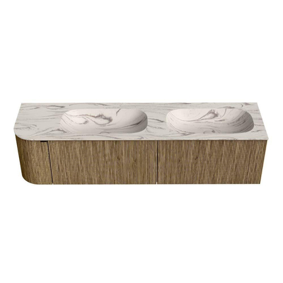 MONDIAZ KURVE-DLUX 175cm meuble de salle de bains arrondi à gauche couleur Dusk avec 2 tiroirs et 1 porte. Lavabo STOR SMALL Double / Droite sans trou de robinet Nata.