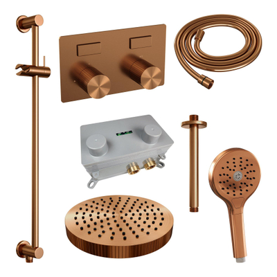 BRAUER Stripe Douche de pluie thermostatique encastrée - boutons-poussoirs - pomme de douche 25cm - bras de plafond - douchette 3 positions - flexible de douche - barre coulissante intégrée - cuivre brossé PVD