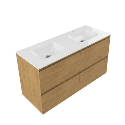Saniclass Holz Pure Ensemble meuble de salle de bains - 120x45x61.5cm - Flow vasque en solid surface blanche - 2 vasques - 2 trous de robinet - 4 tiroirs - chêne natural mat (bois)