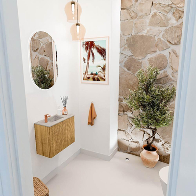 Mondiaz JOYA-DLUX 50cm toiletmeubel - kleur Oak - Wastafel FAYE positie Links 1 kraangat kleur Glace.