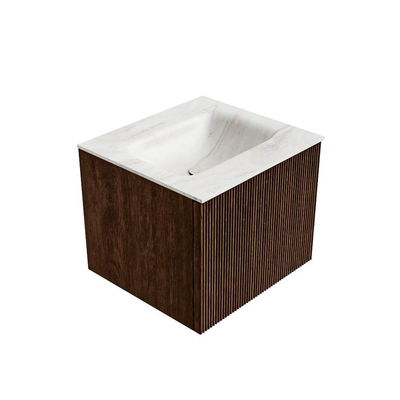 MONDIAZ KURVE-DLUX 50cm badmeubel kleur Walnut met 1 lade. Wastafel GRUNNE midden zonder kraangat kleur Ostra.