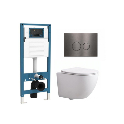 QeramiQ Dely Swirl Compact Toiletset - inbouwreservoir QeramiQ flush - slim zitting - metalen bedieningsplaat gunmetal - ronde knoppen - mat wit