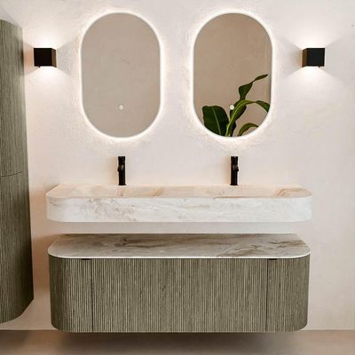 MONDIAZ THOR-DLUX 140cm meuble de salle de bains arrondi gauche + droite couleur Shadow avec 1 tiroir et 2 portes. Vasque suspendue CLOUD Double 2 trous de robinet couleur Frappe.