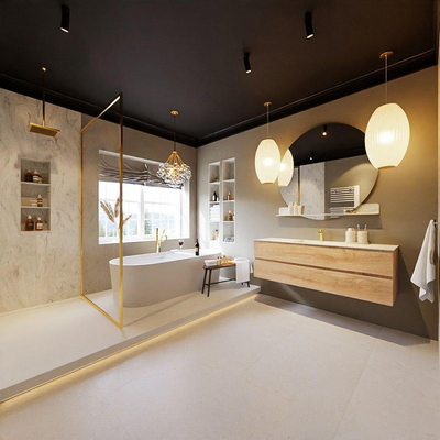 MONDIAZ VICA-DLUX Ensemble meuble de salle de bains - 150cm - meuble bas Washed oak - 2 tiroirs - lavabo encastré Cloud central - 1 trou de robinet - version haute 60cm - Opalo