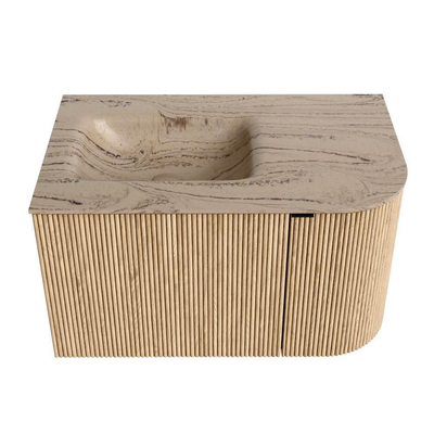 MONDIAZ KURVE-DLUX Meuble de salle de bains 75cm arrondi Droite couleur Chêne avec 1 tiroir et 1 porte. Lavabo GRUNNE Gauche 1 trou de robinet Arena.