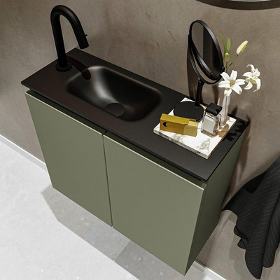 MONDIAZ TURE Fonteinset - 60x23x50cm - 1 kraangat - 2 deuren - army mat - Wasbak links - Solid Surface Zwart