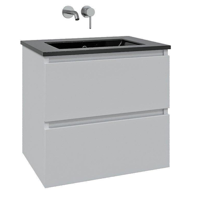 Saniclass Chaci Ensemble meuble de salle de bains - 60x46x55cm - vasque en céramique noire - 1 vasque - sans trou de robinet - 2 tiroirs - miroir rond avec éclairage - blanc mat