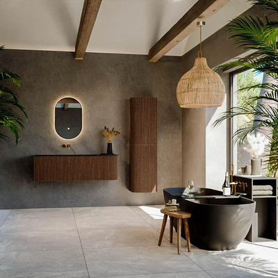 MONDIAZ KURVE 135cm Meuble salle de bain avec module 25 D - couleur Walnut - 1 tiroir - 1 porte - vasque BIG MEDIUM gauche - sans trous de robinet - Urban