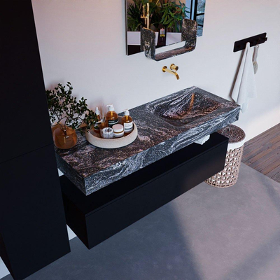 Mondiaz ALAN-DLUX Ensemble de meuble - 130cm - meuble Urban mat - 1 tiroir - Lavabo Cloud Lava suspendu - vasque Droite - 0 trous de robinet