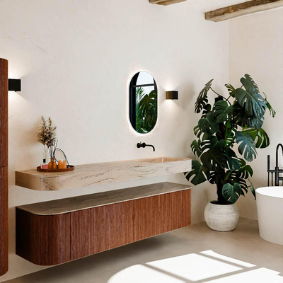 MONDIAZ THOR-DLUX 190cm meuble de salle de bains arrondi gauche + droite couleur Ruby avec 2 tiroirs et 2 portes. Vasque suspendue CLOUD Droite sans trou de robinet couleur Arena.