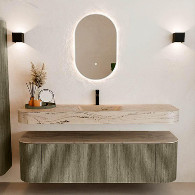 MONDIAZ THOR-DLUX 160cm meuble de salle de bains arrondi gauche + droite couleur Shadow avec 1 tiroir et 2 portes. Vasque suspendue CLOUD Milieu 1 trou de robinet couleur Arena.