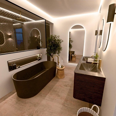 Mondiaz CIRO-DLUX Ensemble de meubles de salle de bains - 150x45x50cm - Lavabo solid surface Lava - 2 vasques double - 2 trous de robinet - 4 tiroirs - Noyer