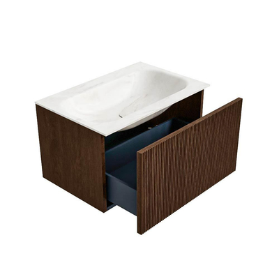 MONDIAZ KURVE-DLUX Meuble de salle de bains 70 cm couleur Walnut avec 1 tiroir. Vasque BIG SMALL centrale sans trou de robinet couleur Ostra.